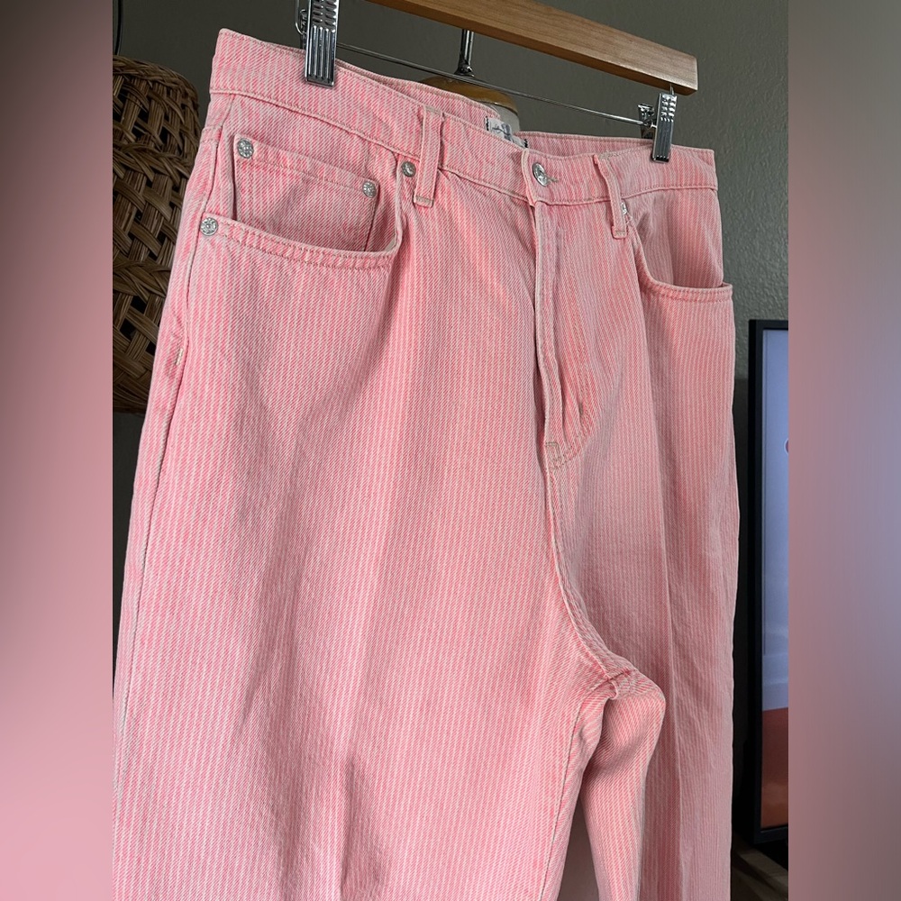 ▪️Free People High Rise Pink Pinstripe Striped Astoria Wide Straight Leg - Picture 5 of 15